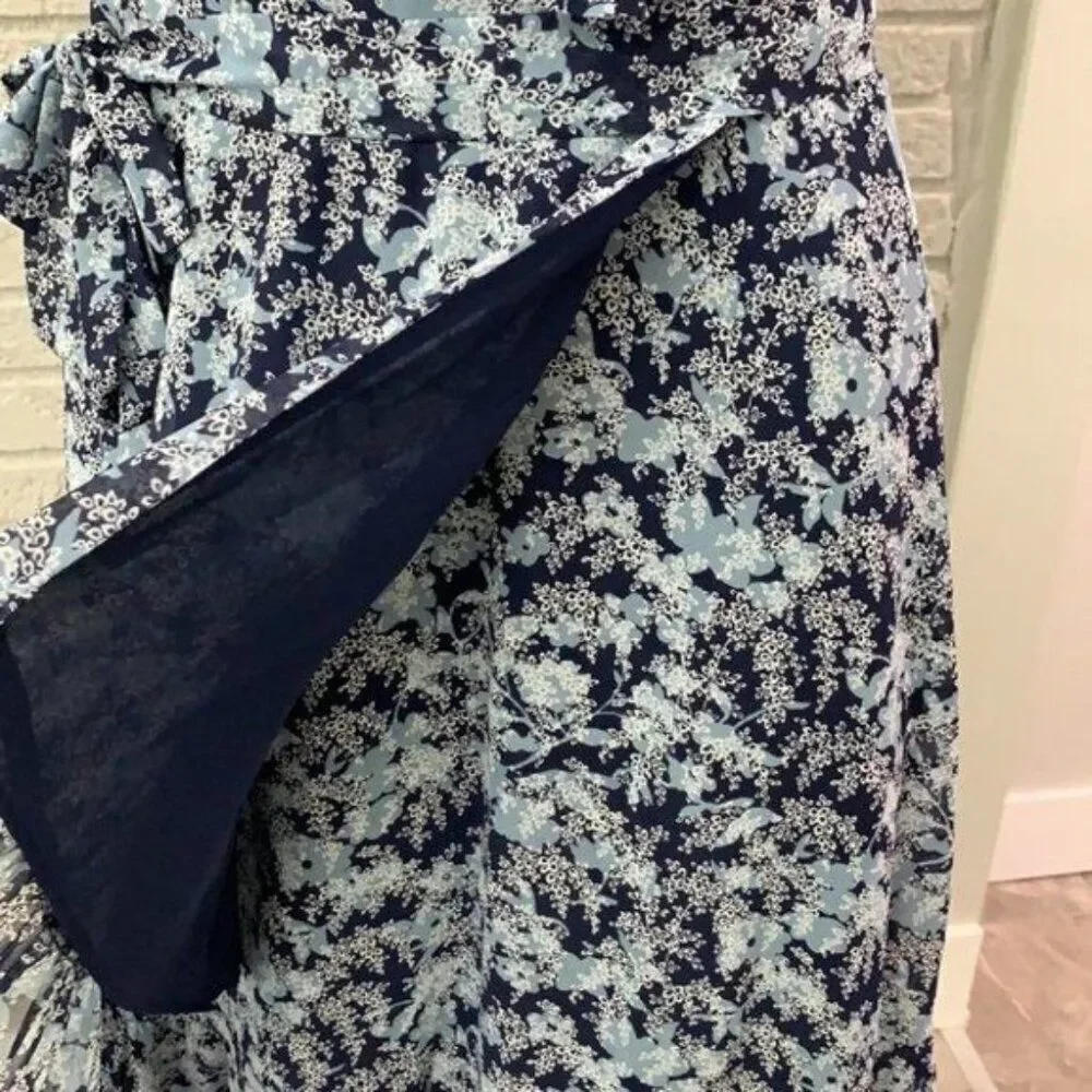 Michael Kors Women Blue Floral Flutter Sleeve Wrap Dress Size S